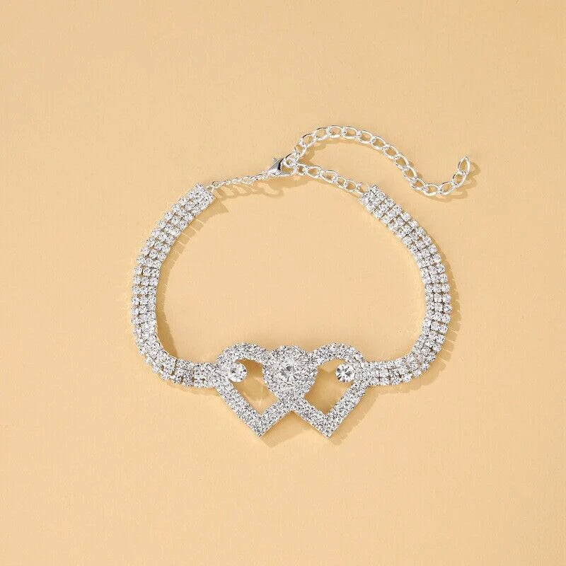 Double Heart Crystal Anklet Bracelet - Elegant Barefoot Chain Jewelry in the USA