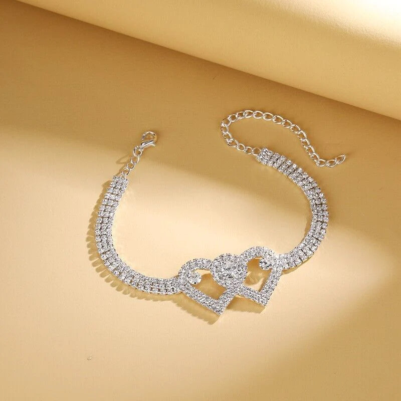 Double Heart Crystal Anklet Bracelet - Elegant Barefoot Chain Jewelry in the USA