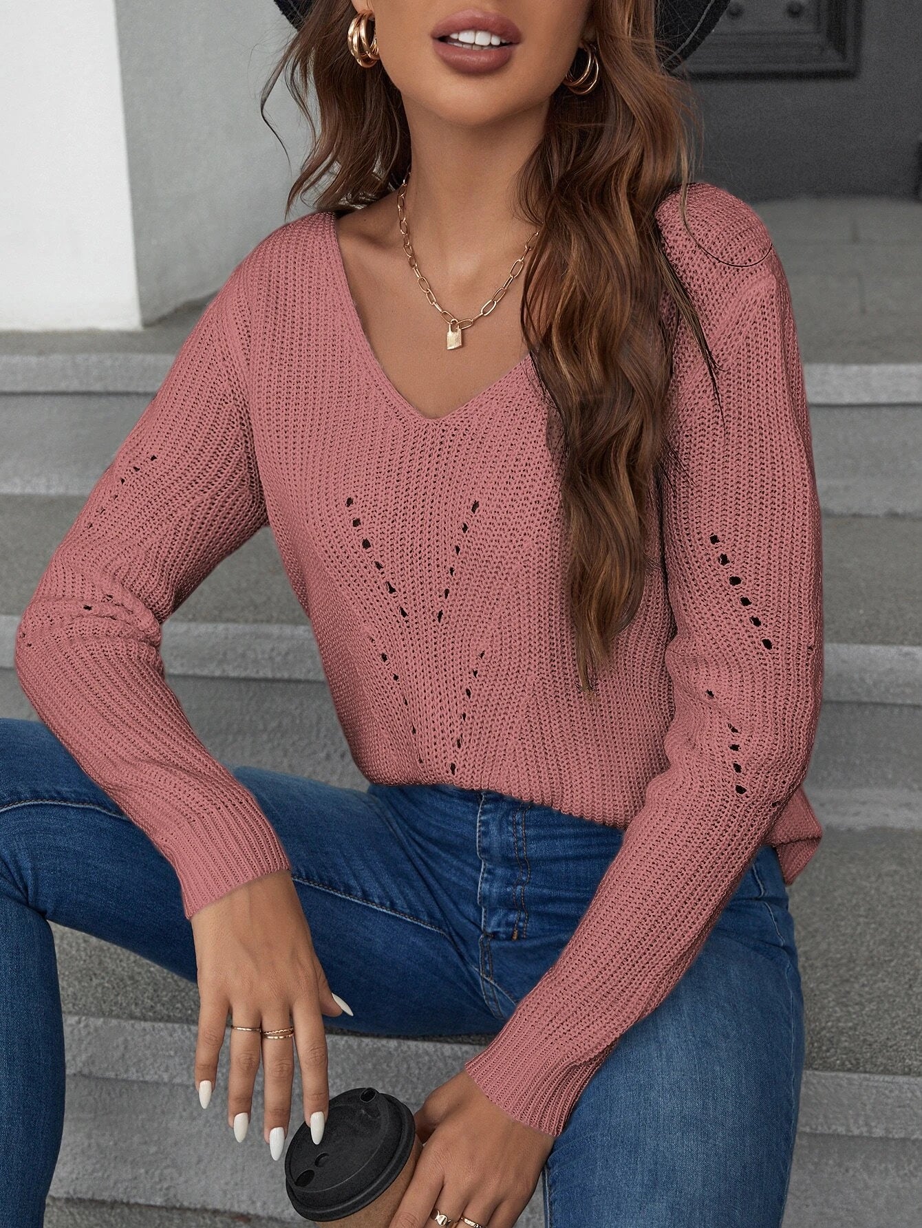 Frenchy Pink Contrast Guipure Lace Bow Back Eyelet Detail Sweater