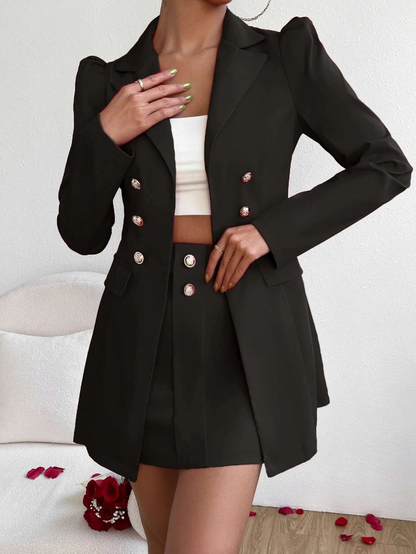 Privé Double Breasted Flap Detail Blazer & Skirt