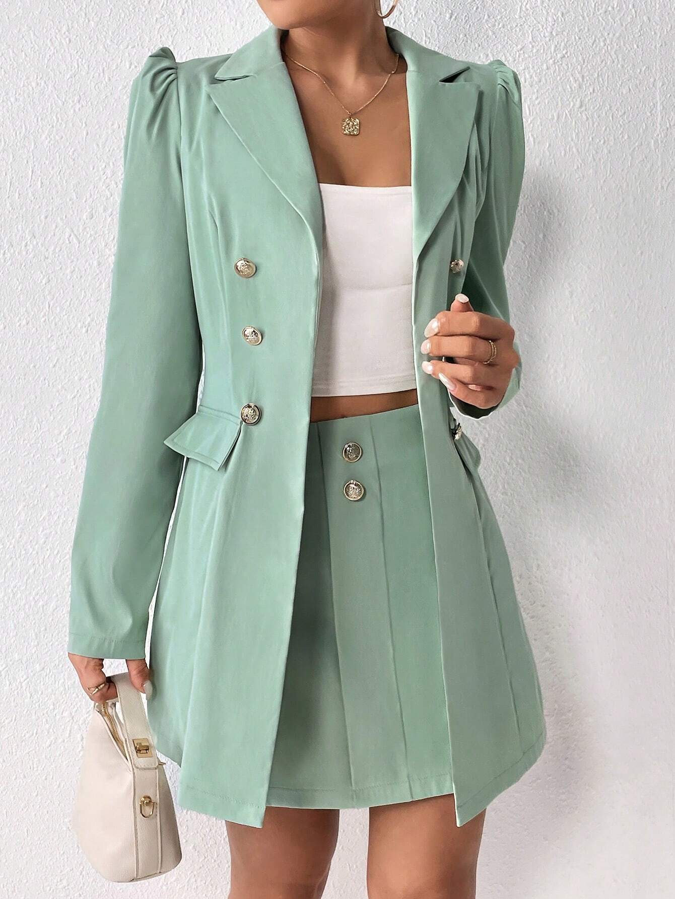 Privé Double Breasted Flap Detail Blazer & Skirt