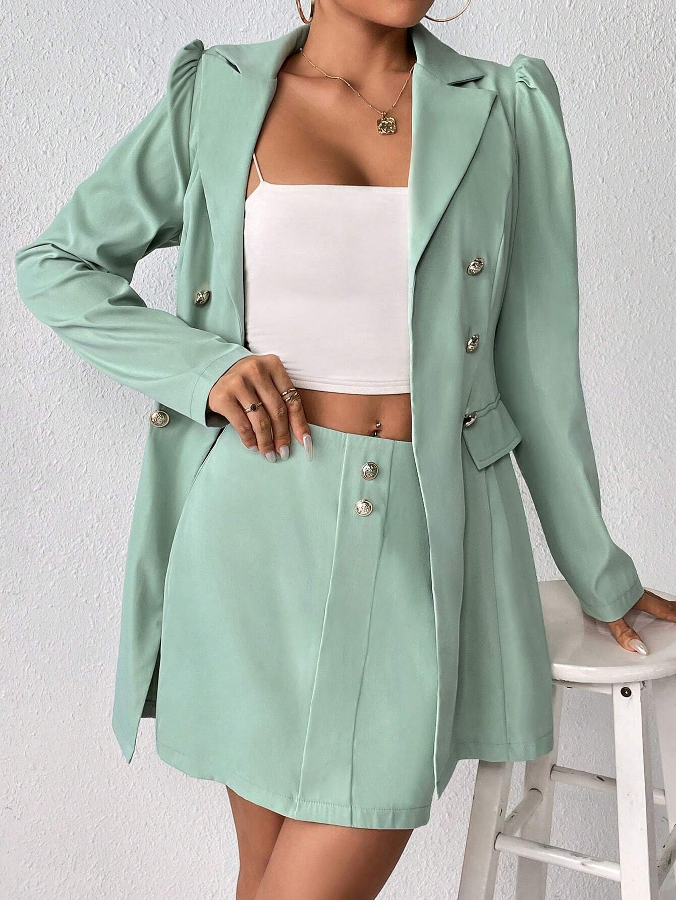 Privé Double Breasted Flap Detail Blazer & Skirt