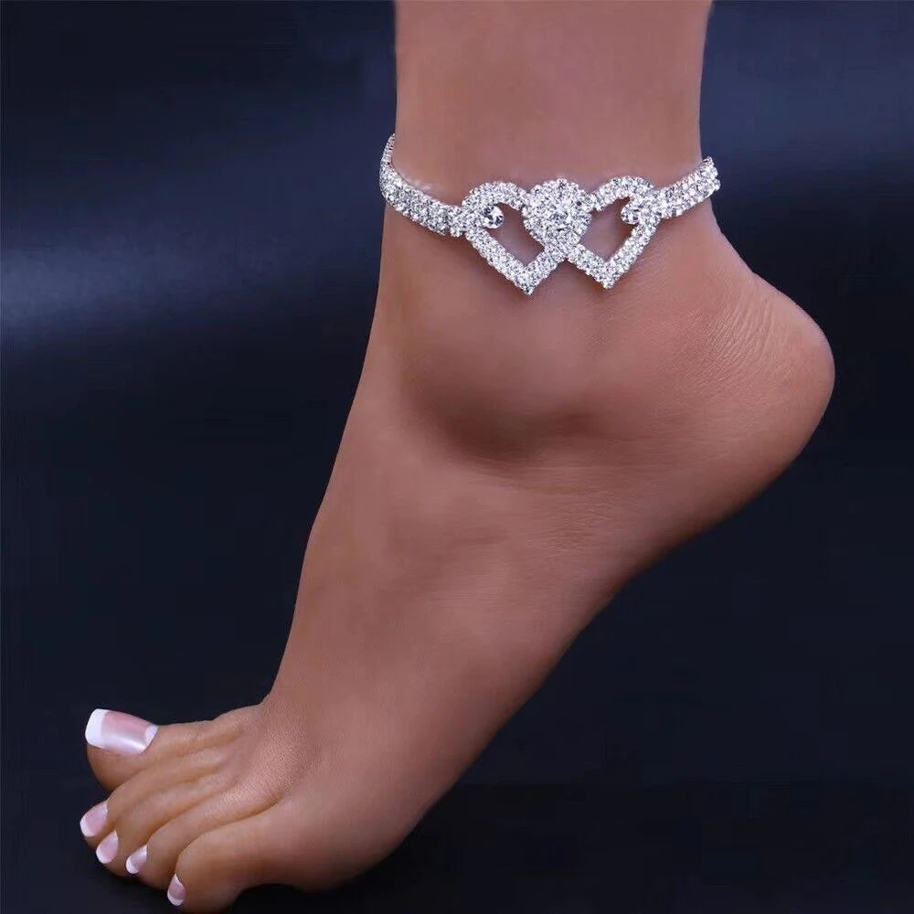 Double Heart Crystal Anklet Bracelet - Elegant Barefoot Chain Jewelry in the USA