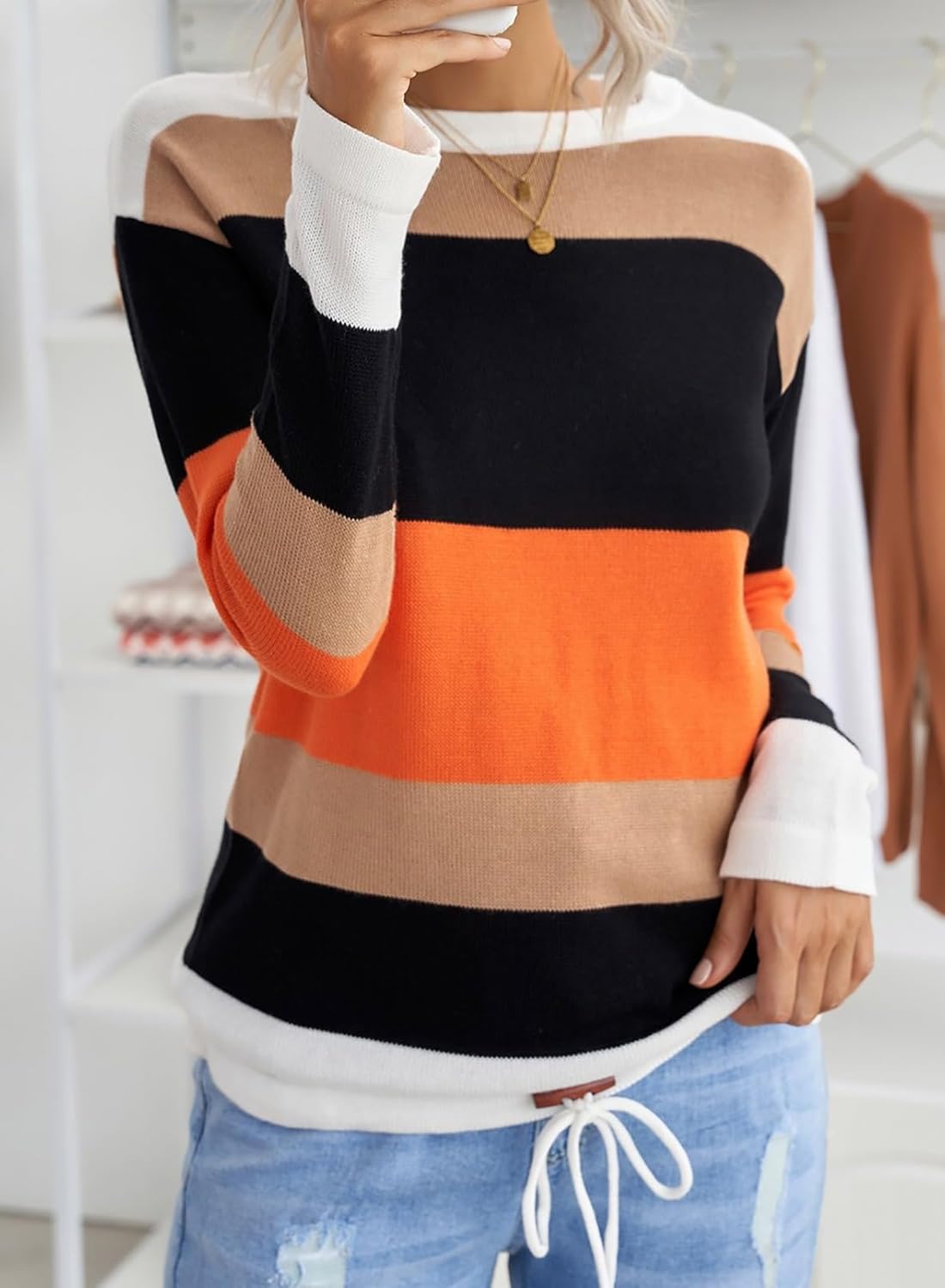 Fall Sweaters round Neck Striped Cute Winter Pullover Sweaters for Women Trendy 2024 Drawstring