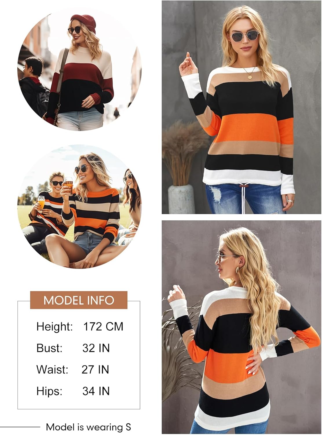 Fall Sweaters round Neck Striped Cute Winter Pullover Sweaters for Women Trendy 2024 Drawstring