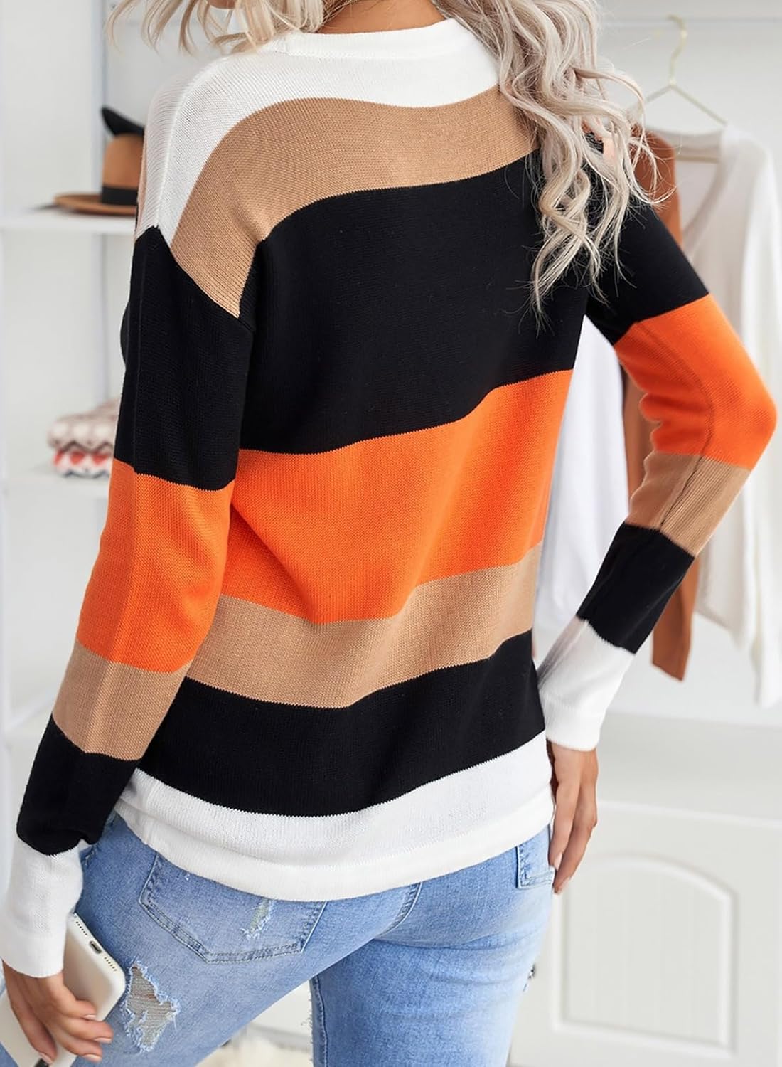 Fall Sweaters round Neck Striped Cute Winter Pullover Sweaters for Women Trendy 2024 Drawstring