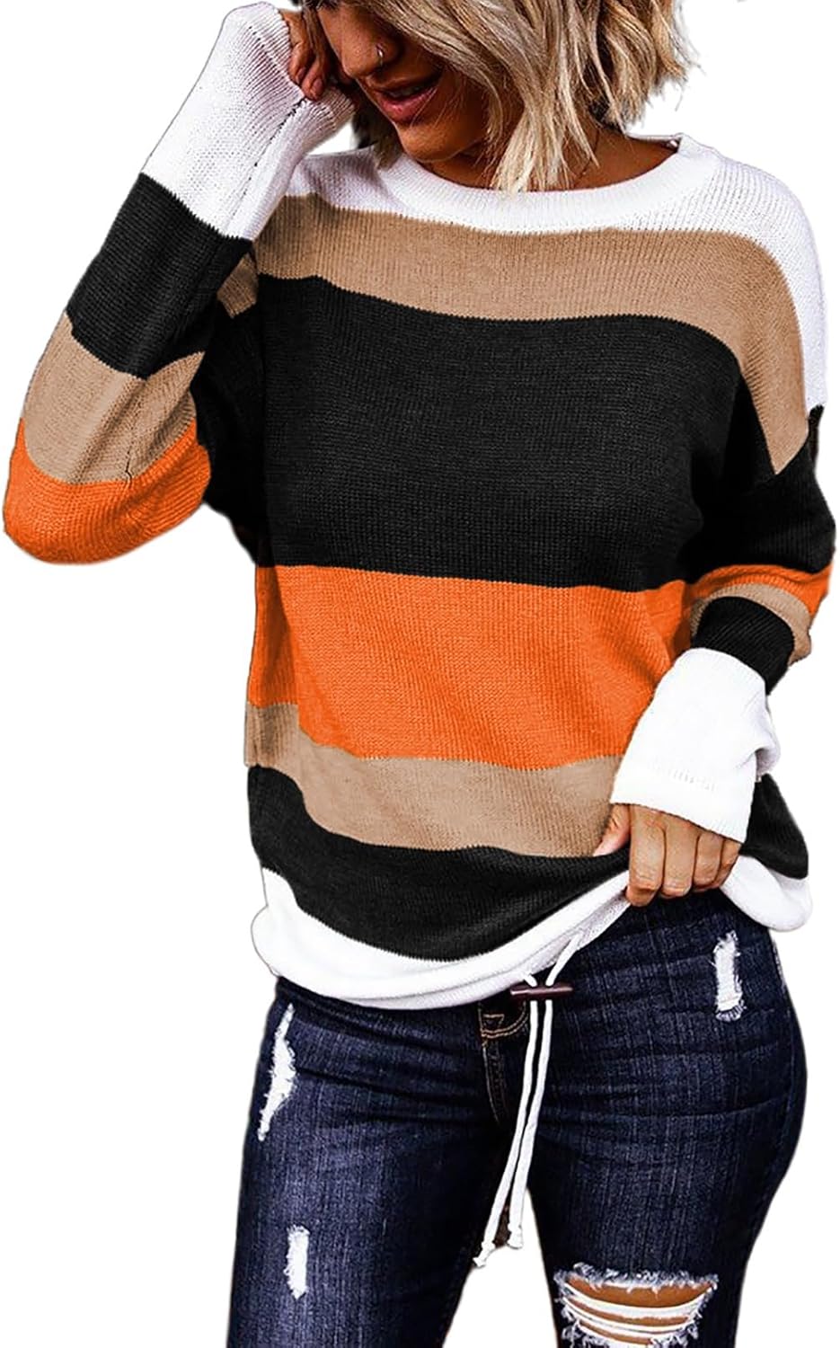 Fall Sweaters round Neck Striped Cute Winter Pullover Sweaters for Women Trendy 2024 Drawstring