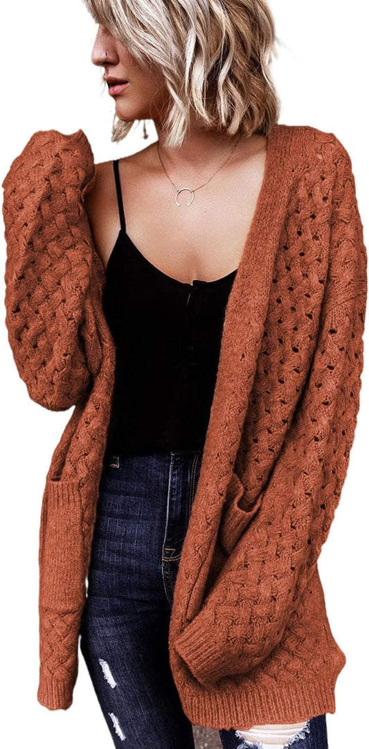 Women's 2024 Fashion Casual Open Front Long Sleeve Chunky Cable Knit Cardigan with Pockets