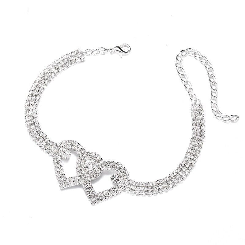 Double Heart Crystal Anklet Bracelet - Elegant Barefoot Chain Jewelry in the USA