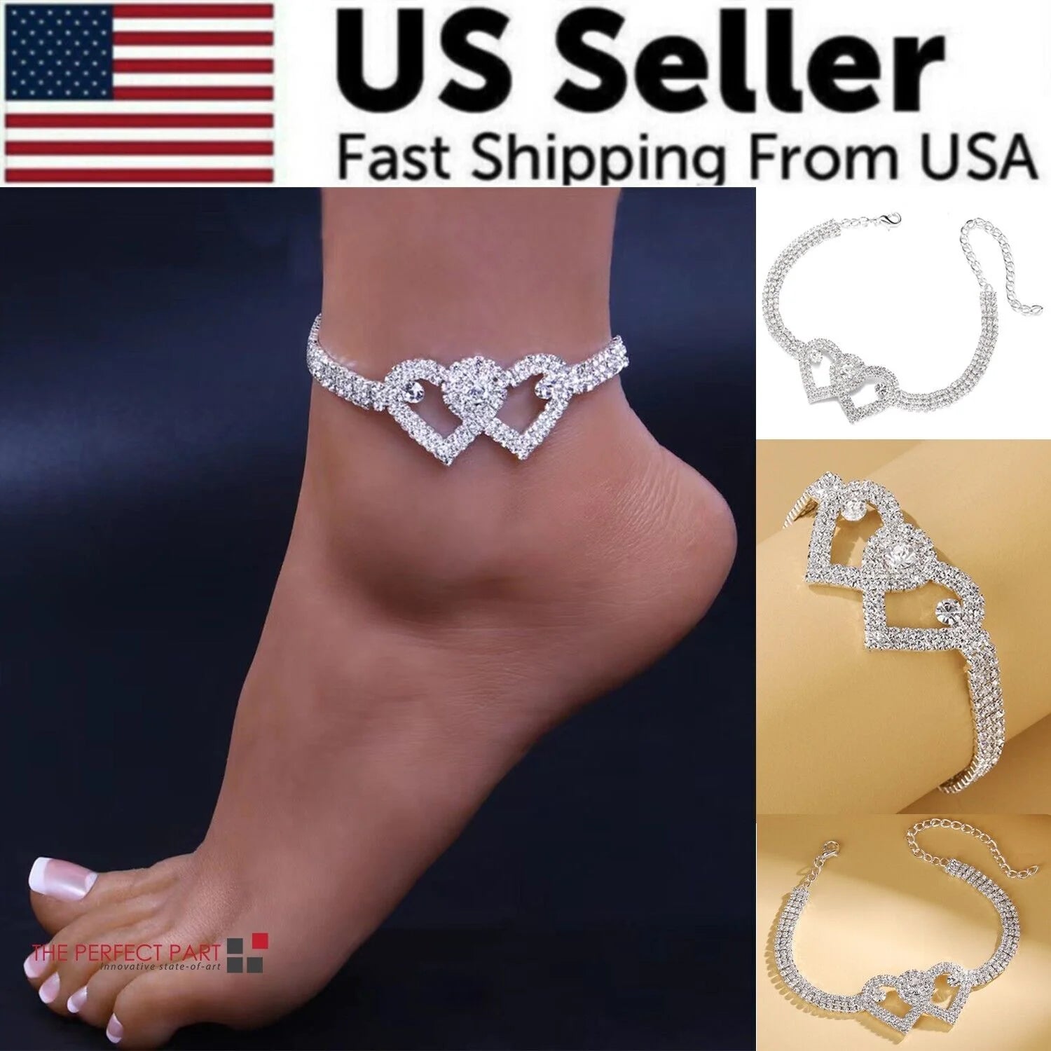 Double Heart Crystal Anklet Bracelet - Elegant Barefoot Chain Jewelry in the USA