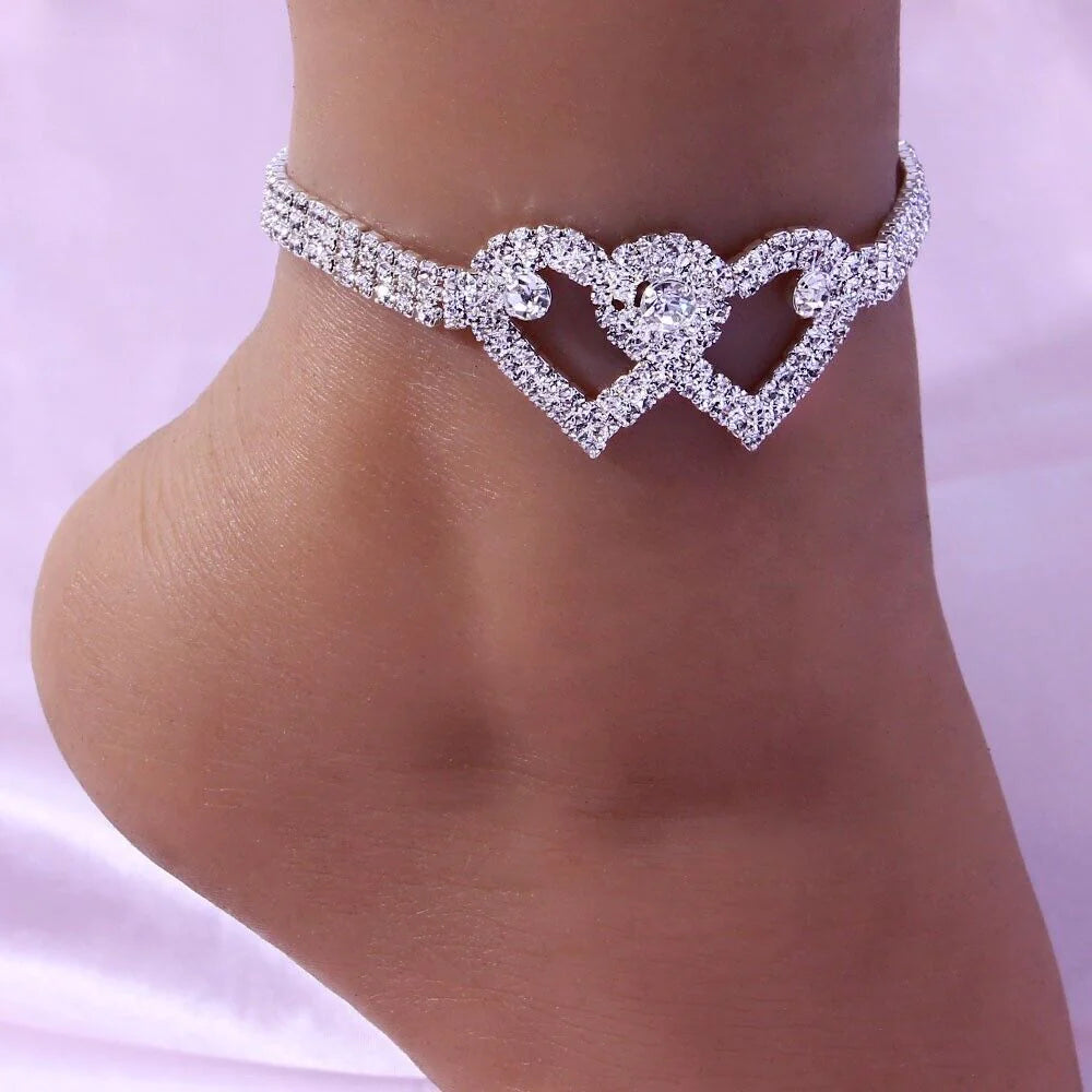 Double Heart Crystal Anklet Bracelet - Elegant Barefoot Chain Jewelry in the USA