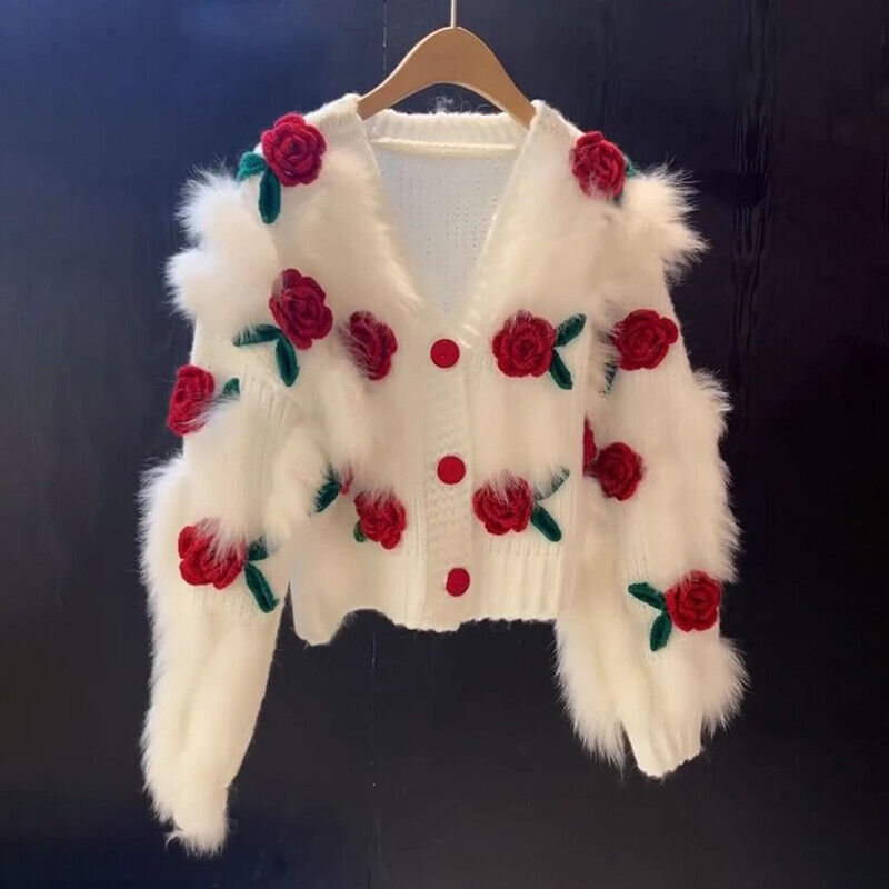 Elegant Women's Faux Fur Knitted Sweater Cardigan with 3D Flowers and V Neck