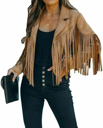 Womens Cropped Fringe Faux Suede Moto Jacket in Chartou